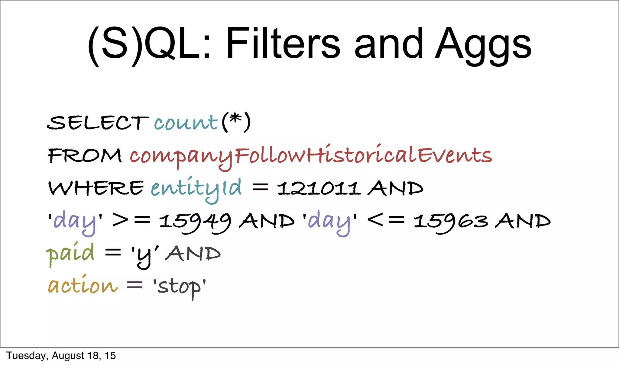(S)QL: Filters and Aggs
SELECT count(*)
FROM companyFollowHistoricalEvents
WHERE entityId = 121011 AND
'day' >= 15949 AND 'day' <= 15963 AND
paid = 'y’ AND
action = 'stop'
Tuesday, August 18, 15
 