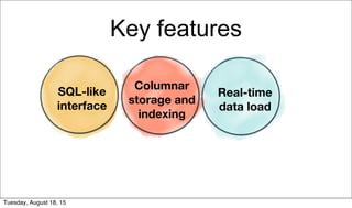 Key features
SQL-like
interface
Columnar
storage and
indexing
Real-time
data load
Tuesday, August 18, 15
 
