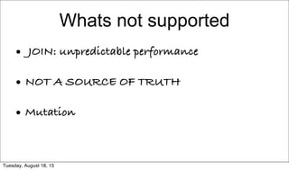 Whats not supported
• JOIN: unpredictable performance
• NOT A SOURCE OF TRUTH
• Mutation
Tuesday, August 18, 15
 