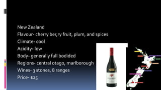 New Zealand
Flavour- cherry ber,ry fruit, plum, and spices
Climate- cool
Acidity- low
Body- generally full bodided
Regions- central otago, marlborough
Wines- 3 stones, 8 ranges
Price- $25
 