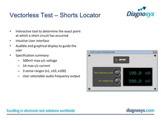 Vectorless Test – Shorts Locator

•   Interactive tool to determine the exact point
    at which a short circuit has occurred
•   Intuitive User Interface
•   Audible and graphical display to guide the
    user
•   Specification summary:
      – 500mV max o/c voltage
      – 1A max s/c current
      – 3 sense ranges (x1, x10, x100)
      – User selectable audio frequency output
 