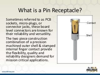 What is a Pin Receptacle?
Sometimes referred to as PCB
sockets, micro-plugs, or
connector jacks, these board
level connectors are known for
their reliability and versatility.
The two piece construction
combination of a precision
machined outer shell & stamped
internal finger contact provide
the flexibility, quality and
reliability designers demand for
mission critical applications.
Contact
Shell
 