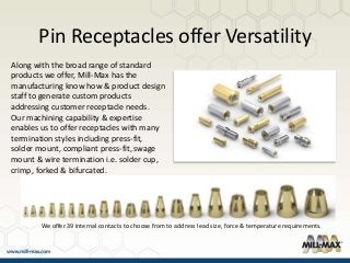 Pin Receptacles offer Versatility
Along with the broad range of standard
products we offer, Mill-Max has the
manufacturing know how & product design
staff to generate custom products
addressing customer receptacle needs.
Our machining capability & expertise
enables us to offer receptacles with many
termination styles including press-fit,
solder mount, compliant press-fit, swage
mount & wire termination i.e. solder cup,
crimp, forked & bifurcated.
We offer 39 internal contacts to choose from to address lead size, force & temperature requirements.
 