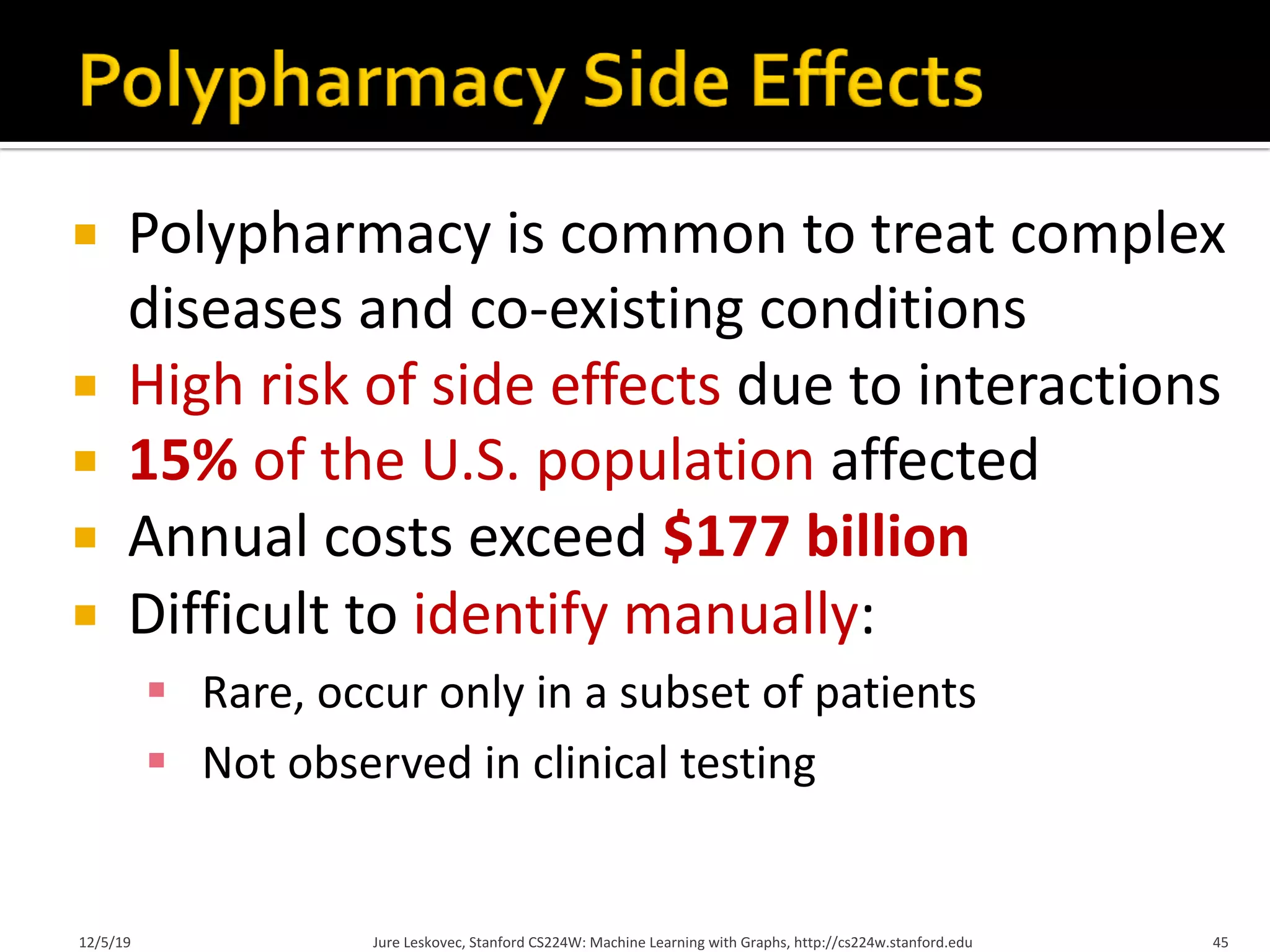 ¡ Polypharmacy is common to treat complex
diseases and co-existing conditions
¡ High risk of side effects due to interactions
¡ 15% of the U.S. population affected
¡ Annual costs exceed $177 billion
¡ Difficult to identify manually:
§ Rare, occur only in a subset of patients
§ Not observed in clinical testing
12/5/19 Jure Leskovec, Stanford CS224W: Machine Learning with Graphs, http://cs224w.stanford.edu 45
 