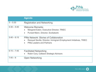 Agenda
5 – 5:30 Registration and Networking
5:30 – 5:40 Welcome Remarks
 Margaret Eaton, Executive Director, TRIEC
 Puneet Mann, Director, Scotiabank
5:40 – 6:15 PINs Network: Stories of Collaboration
 Racquel Sevilla, Director, Immigrant Employment Initiatives, TRIEC
 PINs Leaders and Partners
6:15 – 7:45 Facilitated Networking
 Robin Cory, Colbeck Strategic Advisors
7:45 – 8 Open Networking
 