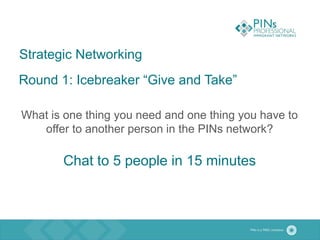 Strategic Networking
Round 1: Icebreaker “Give and Take”
What is one thing you need and one thing you have to
offer to another person in the PINs network?
Chat to 5 people in 15 minutes
 