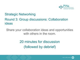 Strategic Networking
Round 3: Group discussions: Collaboration
ideas
Share your collaboration ideas and opportunities
with others in the room.
20 minutes for discussion
(followed by debrief)
 