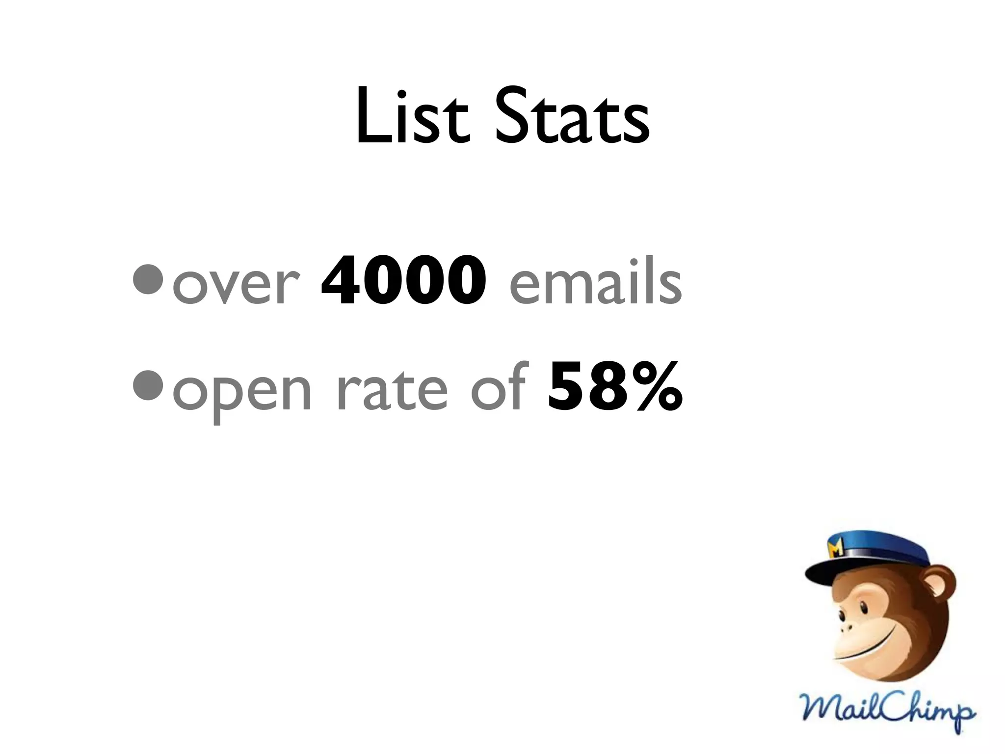 List Stats
•over 4000 emails
•open rate of 58%
 