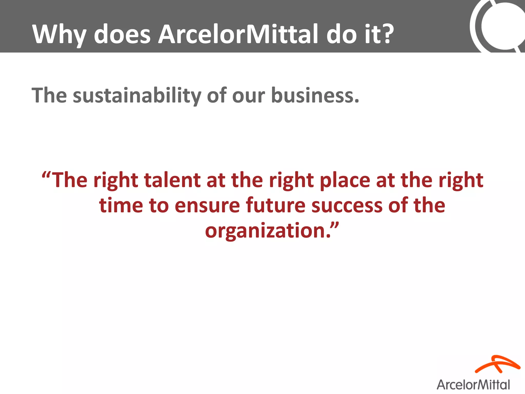Why does ArcelorMittal do it?

The sustainability of our business.


 “The right talent at the right place at the right
       time to ensure future success of the
                   organization.”
 