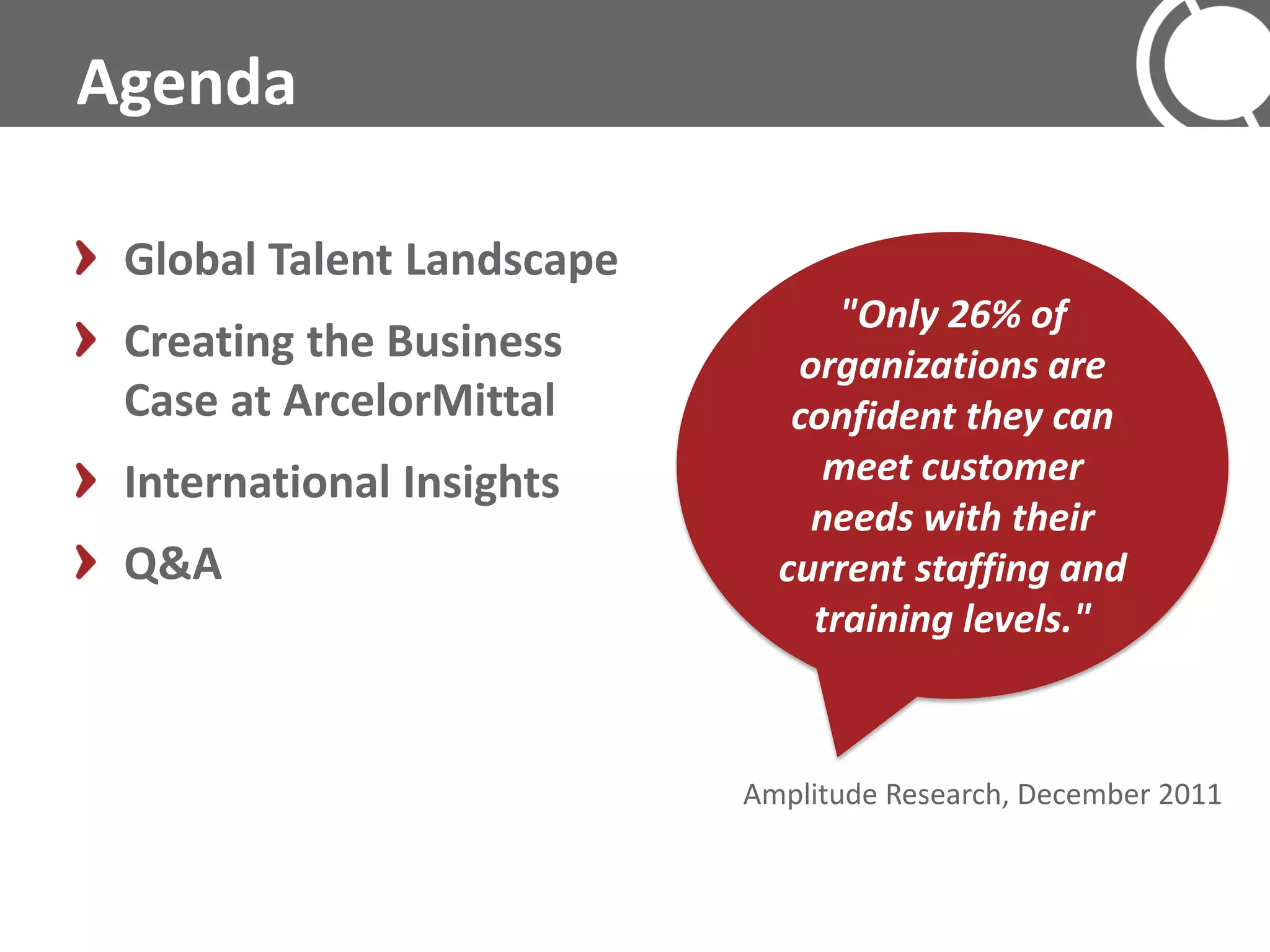 Agenda

 Global Talent Landscape
                                 "Only 26% of
 Creating the Business        organizations are
 Case at ArcelorMittal        confident they can
 International Insights         meet customer
                               needs with their
 Q&A                         current staffing and
                               training levels."



                           Amplitude Research, December 2011
 