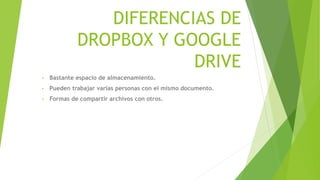 DIFERENCIAS DE
DROPBOX Y GOOGLE
DRIVE
• Bastante espacio de almacenamiento.
• Pueden trabajar varias personas con el mismo documento.
• Formas de compartir archivos con otros.
 
