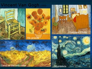 Vincent Van Gogh (1853-
1890)
L’habitació d’Arlès
Nit esteladaCamp de blat amb corbs
Els girasolsLa cadira
 