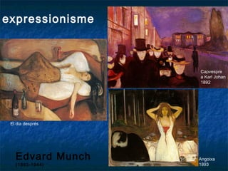 Edvard Munch
(1863-1944)
Angoixa
1893
Capvespre
a Karl Johan
1892
El dia després
expressionisme
 