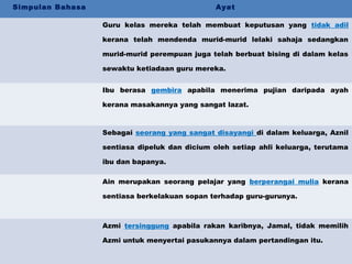 Simpulan Bahasa Ayat
Guru kelas mereka telah membuat keputusan yang tidak adil
kerana telah mendenda murid-murid lelaki sahaja sedangkan
murid-murid perempuan juga telah berbuat bising di dalam kelas
sewaktu ketiadaan guru mereka.
Ibu berasa gembira apabila menerima pujian daripada ayah
kerana masakannya yang sangat lazat.
Sebagai seorang yang sangat disayangi di dalam keluarga, Aznil
sentiasa dipeluk dan dicium oleh setiap ahli keluarga, terutama
ibu dan bapanya.
Ain merupakan seorang pelajar yang berperangai mulia kerana
sentiasa berkelakuan sopan terhadap guru-gurunya.
Azmi tersinggung apabila rakan karibnya, Jamal, tidak memilih
Azmi untuk menyertai pasukannya dalam pertandingan itu.
 