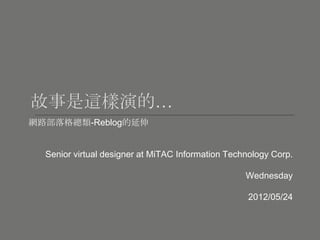 網路部落格總類-Reblog的延伸


  Senior virtual designer at MiTAC Information Technology Corp.

                                                   Wednesday

                                                    2012/05/24
 