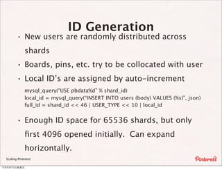 ID Generation
         · New users are randomly distributed across
              shards
         · Boards, pins, etc. try to be collocated with user
         · Local ID’s are assigned by auto-increment
              mysql_query(“USE pbdata%d” % shard_id)
              local_id = mysql_query(“INSERT INTO users (body) VALUES (%s)”, json)
              full_id = shard_id << 46 | USER_TYPE << 10 | local_id


         · Enough ID space for 65536 shards, but only
              ﬁrst 4096 opened initially. Can expand
              horizontally.
  Scaling Pinterest

12年8月10⽇日星期五
 