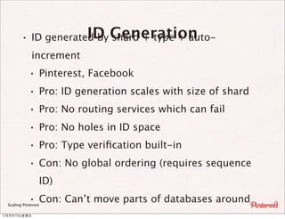 · ID generated by Generation
                      ID shard + type + auto-
              increment
              ·   Pinterest, Facebook
              ·   Pro: ID generation scales with size of shard
              ·   Pro: No routing services which can fail
              ·   Pro: No holes in ID space
              ·   Pro: Type veriﬁcation built-in
              ·   Con: No global ordering (requires sequence
                  ID)
              · Con: Can’t move parts of databases around
  Scaling Pinterest

12年8月10⽇日星期五
 