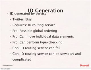 ID Generation
         ·    ID generated by service
              ·   Twitter, Etsy
              ·   Requires: ID routing service
              ·   Pro: Possible global ordering
              ·   Pro: Can move individual data elements
              ·   Pro: Can perform type-checking
              ·   Con: ID routing service can fail
              ·   Con: ID routing service can be unwieldy and
                  complicated
  Scaling Pinterest

12年8月10⽇日星期五
 