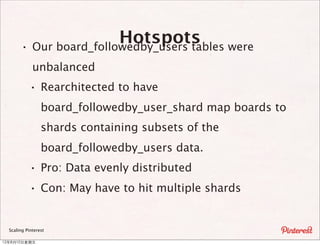 Hotspots
        · Our board_followedby_users tables were
             unbalanced
            · Rearchitected to have
                 board_followedby_user_shard map boards to
                 shards containing subsets of the
                 board_followedby_users data.
            · Pro: Data evenly distributed
            · Con: May have to hit multiple shards

  Scaling Pinterest

12年8月10⽇日星期五
 