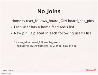 No Joins
          · Home is user_follows_board JOIN board_has_pins
            · Each user has a home feed redis list
            · New pin ID placed in each following user’s list

                      for user_id in board_followedby_users:
                         redisconn.lpush(“home:%s” % user_id, new_pin_id)




  Scaling Pinterest

12年8月10⽇日星期五
 
