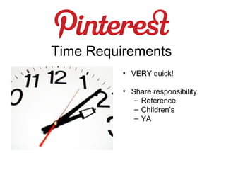 Time Requirements
          • VERY quick!

          • Share responsibility
             – Reference
             – Children’s
             – YA
 