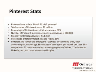Pinterest Stats
•
•
•
•
•
•
•

Pinterest launch date: March 2010 (3 years old)
Total number of Pinterest users: 70 million
Percentage of Pinterest users that are women: 80%
Number of Pinterest business accounts: approximately 500,000
Monthly Pinterest pageviews: 2.5 billion
Percentage of total Pinterest pins are repins: 80%
Pinterest and Tumblr are among the “stickiest” social media sites, each
accounting for, on average, 89 minutes of time spent per month per user. That
compares to 21 minutes monthly on average spent on Twitter, 17 minutes on
LinkedIn, and just three minutes on Google+

GFN 289 Issue 2 22.04.13

 