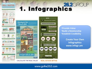 1. Infographics
•Provide Value
•Build a Relationship
•Establish Credibility
Create Your Own
Infographics
www.infogr.am
•Provide Value
•Build a Relationship
•Establish Credibility
Create Your Own
Infographics
www.infogr.am
CALCULATE THE REAL VALUE REAL ESTATE MYTHS
 