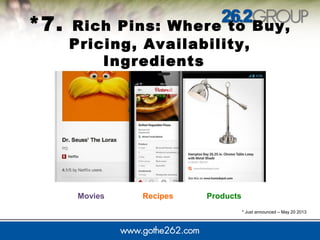 *7. Rich Pins: Where to Buy,
Pricing, Availability,
Ingredients
* Just announced – May 20 2013
Movies Recipes Products
 