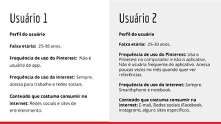 Usuário 1
Perfil do usuário
Faixa etária: 25-30 anos.
Frequência de uso do Pinterest: Não é
usuário do app.
Frequência de uso da internet: Sempre,
acessa para trabalho e redes sociais.
Conteúdo que costuma consumir na
internet: Redes sociais e sites de
entretenimento.
Perfil do usuário
Faixa etária: 25-30 anos.
Frequência de uso do Pinterest: Usa o
Pinterest no computador e não o aplicativo.
Não é usuária frequente do aplicativo. Acessa
poucas vezes no mês quando quer ver
referências.
Frequência de uso da Internet: Sempre.
Smarthphone e notebook.
Conteúdo que costuma consumir na
internet: E-mail, Redes sociais (Facebook,
Instagram), alguns sites especificos.
Usuário 2
 