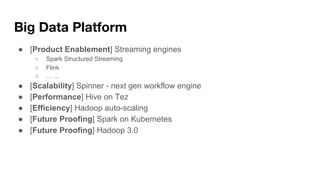 ● [Product Enablement] Streaming engines
○ Spark Structured Streaming
○ Flink
○ … ...
● [Scalability] Spinner - next gen workflow engine
● [Performance] Hive on Tez
● [Efficiency] Hadoop auto-scaling
● [Future Proofing] Spark on Kubernetes
● [Future Proofing] Hadoop 3.0
Big Data Platform
 
