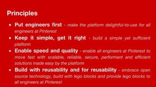 Principles
● Put engineers first - make the platform delightful-to-use for all
engineers at Pinterest
● Keep it simple, get it right - build a simple yet sufficient
platform
● Enable speed and quality - enable all engineers at Pinterest to
move fast with scalable, reliable, secure, performant and efficient
solutions made easy by the platform
● Build with reusability and for reusability - embrace open
source technology, build with lego blocks and provide lego blocks to
all engineers at Pinterest
 