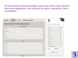 Na aba boards é possível analisar quais delas fazem mais sucesso
entre seus seguidores, com números de repins, seguidores, likes e
comentários.
 