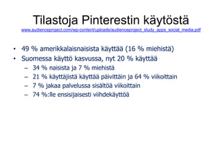 Tilastoja Pinterestin käytöstä
www.audienceproject.com/wp-content/uploads/audienceproject_study_apps_social_media.pdf
• 49 % amerikkalaisnaisista käyttää (16 % miehistä)
• Suomessa käyttö kasvussa, nyt 20 % käyttää
– 34 % naisista ja 7 % miehistä
– 21 % käyttäjistä käyttää päivittäin ja 64 % viikoittain
– 7 % jakaa palvelussa sisältöä viikoittain
– 74 %:lle ensisijaisesti viihdekäyttöä
 