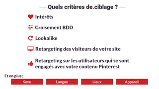 Quels critères de.ciblage ?
Sexe Langue Lieux Appareil
Et en plus :
Intérêts
Croisement BDD
Lookalike
Retargeting des visiteurs de votre site
Retargeting sur les utilisateurs qui se sont
engagés avec votre contenu Pinterest
 