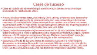 Cases de sucesso
• Cases de sucesso são as empresas que aumentam suas vendas até 15x mais que
anunciando no Facebook.São varias.
• A marca de absorventes Kotex, da Kimberly-Clark, utilizou o Pinterest para desenvolver
uma interessante campanha de relacionamento com suas consumidoras. A empresa
selecionou 50 mulheres hubs (internautas que ditam tendências e influenciam outros
usuários) com perfis na rede social, estudou seus gostos através das imagens postadas e
criou presentes artesanais customizados para cada uma delas.
• Depois, encaminhou o presente juntamente com um kit de seus produtos. Resultado:
todas fotografaram o mimo e compartilharam a imagem no Pinterest, Facebook, Twitter,
Intagram….Os 50 presentes enviados no “Dia das Mulheres Inspiradoras”, como foi
chamada a campanha, geraram 2,3 mil interações e 694 mil impressões.
• Nada mais acertado do que uma marca de absorventes escolher o Pinterest para
desenvolver a campanha. De acordo com pesquisas, 70% dos usuários da rede são do
sexo feminino. As categorias mais populares no Pinterest são: Home (17,2%), Arts and
Crafts (12.4%), Style/Fashion (11.7%), Food (10.5%) e Inspiration/Education (9.0%).
 