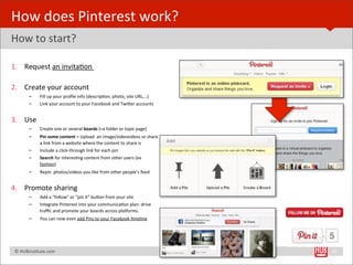 How	
  does	
  Pinterest	
  work?
How	
  to	
  start?

1. Request	
  an	
  invitaBon	
  

2. Create	
  your	
  account
              –       Fill	
  up	
  your	
  proﬁle	
  info	
  (descripBon,	
  photo,	
  site	
  URL,…)
              –       Link	
  your	
  account	
  to	
  your	
  Facebook	
  and	
  TwiYer	
  accounts


3. Use
              –       Create	
  one	
  or	
  several	
  boards	
  (=a	
  folder	
  or	
  topic	
  page)
              –       Pin	
  some	
  content	
  =	
  Upload	
  	
  an	
  image/videovideos	
  or	
  share	
  
                      a	
  link	
  from	
  a	
  website	
  where	
  the	
  content	
  to	
  share	
  is
              –       Include	
  a	
  click-­‐through	
  link	
  for	
  each	
  pin
              –       Search	
  for	
  interesBng	
  content	
  from	
  other	
  users	
  (ex	
  
                      fashion)
              –       Repin	
  	
  photos/videos	
  you	
  like	
  from	
  other	
  people’s	
  feed


4. Promote	
  sharing	
  
              –       Add	
  a	
  “follow”	
  or	
  “pin	
  it”	
  buYon	
  from	
  your	
  site
              –       Integrate	
  Pinterest	
  into	
  your	
  communicaBon	
  plan:	
  drive	
  
                      traﬃc	
  and	
  promote	
  your	
  boards	
  across	
  plalorms.
              –       You	
  can	
  now	
  even	
  add	
  Pins	
  to	
  your	
  Facebook	
  Bmeline




	
  	
  	
  ©	
  HUBinsBtute.com	
                                                                              10
 