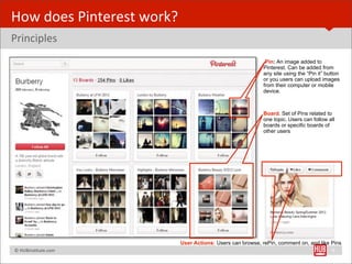 How	
  does	
  Pinterest	
  work?
Principles
                                                                        Pin: An image added to
                                                                       Pinterest. Can be added from
                                                                       any site using the “Pin it” button
                                                                       or you users can upload images
                                                                       from their computer or mobile
                                                                       device.



                                                                       Board. Set of Pins related to
                                                                       one topic. Users can follow all
                                                                       boards or specific boards of
                                                                       other users




                                       User Actions: Users can browse, rePin, comment on, and like Pins
	
  	
  	
  ©	
  HUBinsBtute.com	
                                                                   9
 