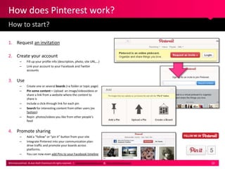 How does Pinterest work?
How to start?

1. Request an invitation

2. Create your account
          –     Fill up your prof...