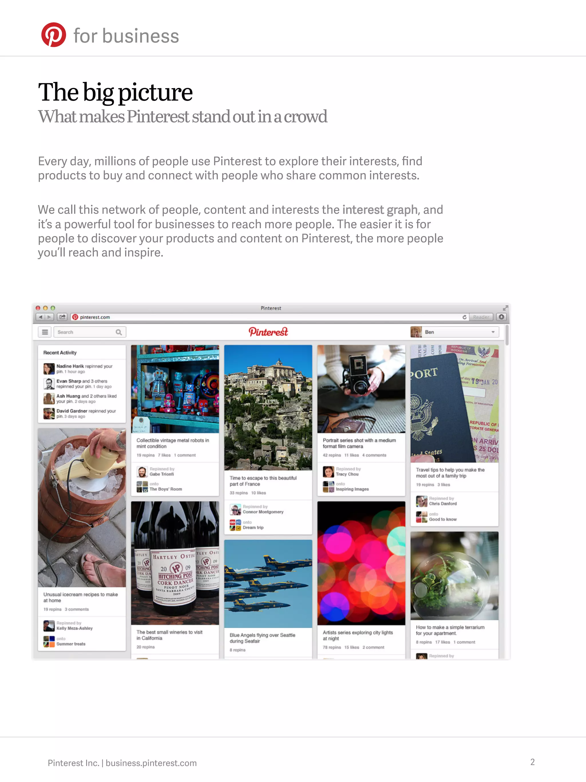 The big picture
What makes Pinterest stand out in a crowd
Every day, millions of people use Pinterest to explore their interests, ﬁnd
products to buy and connect with people who share common interests.
We call this network of people, content and interests the interest graph, and
it’s a powerful tool for businesses to reach more people. The easier it is for
people to discover your products and content on Pinterest, the more people
you’ll reach and inspire.

Pinterest Inc. | business.pinterest.com

2

 