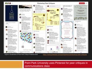 Point Park University uses Pinterest for peer critiques in
communications class
https://www.pinterest.com/pointparksoc/photoshop-peer-critiquesFigure 9: Screenshot of Point Park Critique Pinterest board
 