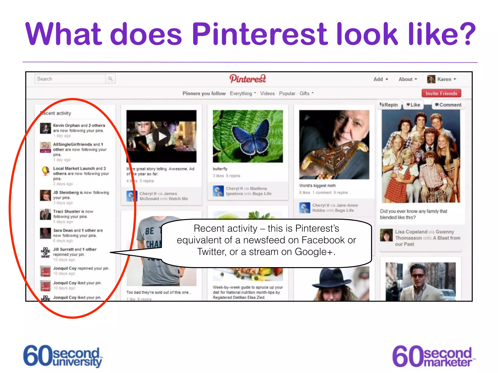 What does Pinterest look like?




             Recent activity – this is Pinterest’s
          equivalent of a newsfeed on Facebook or
              Twitter, or a stream on Google+.
 