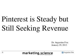 Pinterest is Steady but
Still Seeking Revenue
                 Dr. Augustine Fou
                 January 29, 2013


-1-                          Augustine Fou
 