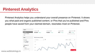 Pinterest Analytics
www.webtrainings.in
Pinterest Analytics helps you understand your overall presence on Pinterest. It shows
you what paid and organic published content, or Pins that you've published and Pins
people have saved from your claimed domain, resonates most on Pinterest.
 