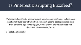 Is Pinterest Disrupting Buzzfeed?
“Pinterest is BuzzFeed’s second largest social network referrer... In fact, more
than half of BuzzFeed's traffic from Pinterest goes to posts published more
than 2 months ago” - Dao Nguyen, VP of Growth and Data at Buzzfeed
(business.pinterest.com, 2018)
● Collaboration is key
 