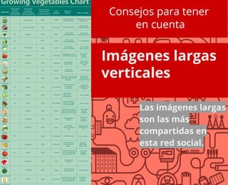 Las imágenes largas
son las más
compartidas en
esta red social.
Consejos para tener
en cuenta
Imágenes largas
verticales
 
