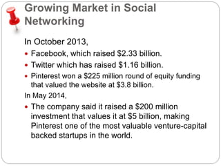 Growing Market in Social 
Networking 
In October 2013, 
 Facebook, which raised $2.33 billion. 
 Twitter which has raised $1.16 billion. 
 Pinterest won a $225 million round of equity funding 
that valued the website at $3.8 billion. 
In May 2014, 
 The company said it raised a $200 million 
investment that values it at $5 billion, making 
Pinterest one of the most valuable venture-capital 
backed startups in the world. 
 