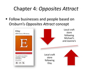 Chapter 4: Opposites Attract
 Follow businesses and people based on
Orsburn’s Opposites Attract concept
Local craft
store
following
Michael’s
and Joanne’s
Local craft
store
following
Etsy
 