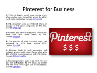 Pinterest for Business
1) Pinterest buyers spend more money, more
often, and on more items than any of the other
top 5 social media sites. (Source: comScore)
2) U.S. consumers who use Pinterest follow an
average of 9.3 retail companies on the site.
(Source: shop.org)
3) Pinterest pins which include prices receive 36%
more likes than those which do not.
(Source: Shopify)
4) The number of daily Pinterest users has
increased by 145% since January 2012.
(Source: Shopify)
5) Pinterest leads in both awareness and
visitation among social image sharing sites, with
36% of online consumers aware and 19% visiting.
(Source: BizRate Insights)
6) Pinterest generates over 4x as much revenue
per click (attributable to first touch) as Twitter
and 27% more revenue per click than Facebook.
(Source: Converto)
 