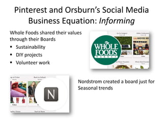 Pinterest and Orsburn’s Social Media
Business Equation: Informing
Whole Foods shared their values
through their Boards
 Sustainability
 DIY projects
 Volunteer work
Nordstrom created a board just for
Seasonal trends
 