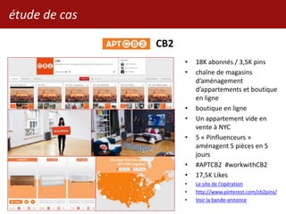 étude de cas
CB2
• 18K abonnés / 3,5K pins
• chaîne de magasins
d’aménagement
d’appartements et boutique
en ligne
• boutique en ligne
• Un appartement vide en
vente à NYC
• 5 « Pinfluenceurs »
aménagent 5 pièces en 5
jours
• #APTCB2 #workwithCB2
• 17,5K Likes
• Le site de l’opération
• http://www.pinterest.com/cb2pins/
• Voir la bande-annonce
 